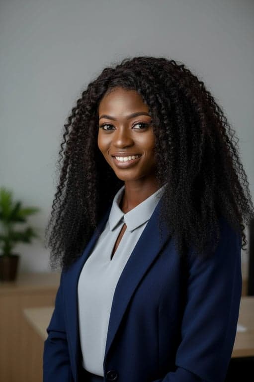a portrait of a woman, cv profile picture, professional attire, confident smile, even studio lighting, simple office backdrop.
