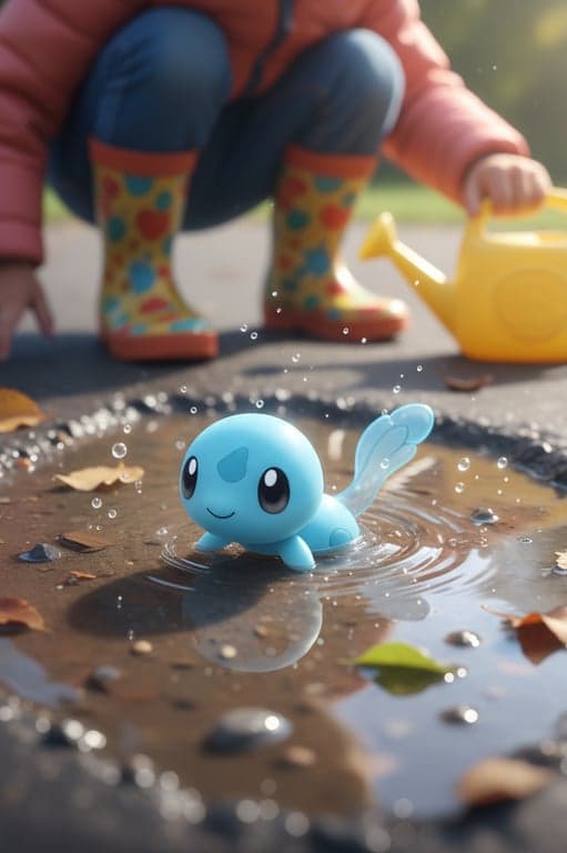 A three-stage water-type pokemon evolution line. The first stage is a tadpole playing in a child's puddle, the second is a frog sitting on a teenage trainer's shoulder, and the final stage is a giant armored toad standing protectively beside its adult trainer in a rainy arena.