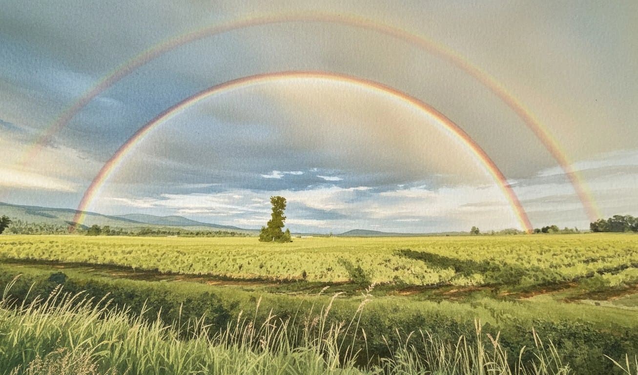 photo to watercolor after pic - watercolor painting of rainbow over meadow with soft blended colors and paper texture