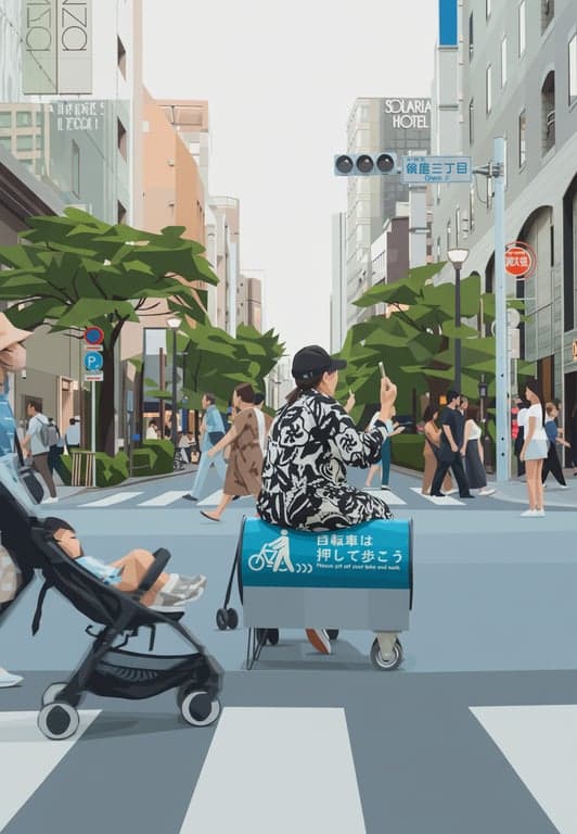 A street scene vectorized in a low-poly geometric art style, where the image is reconstructed from interconnected triangular and polygonal flat color shapes.