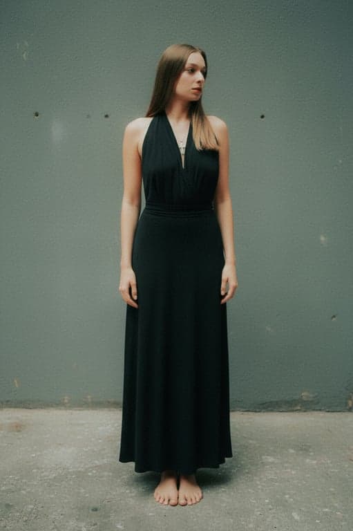 Extend the original image of the person into a complete full-body view while preserving the same individual, facial identity, clothing, and studio environment. Reconstruct the missing lower body with natural human proportions, relaxed upright posture, balanced anatomy, and lighting that matches the original image so the result appears as a single uninterrupted full-body photo.