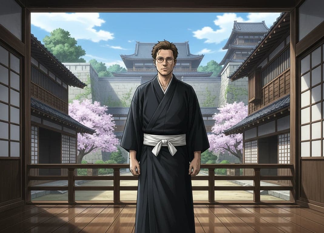 a portrait of a person in Soul Society robes, standing in the Seireitei with traditional architecture in the background