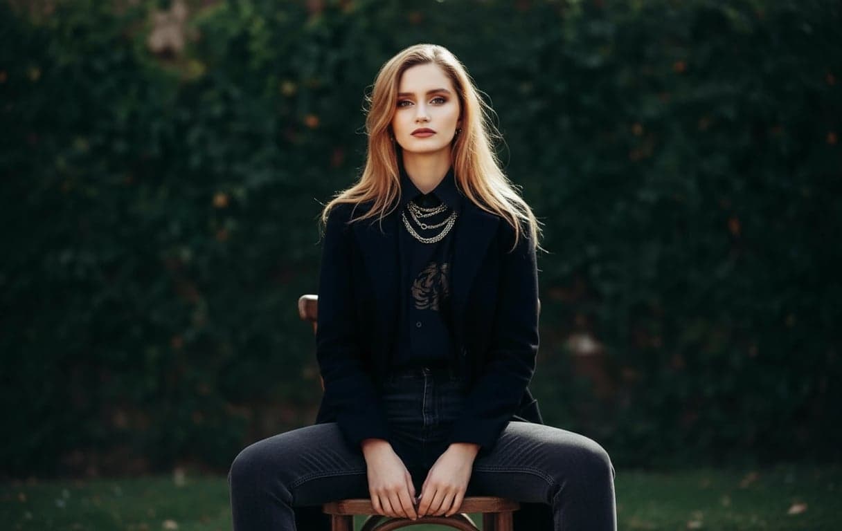 a portrait of a person with posture changed into a seated position on a chair, sitting upright but relaxed, spine naturally extended, shoulders open, feet grounded; hands resting casually on thighs or armrests; avoid rigid “formal sitting”; preserve proportions and identity; background remains unchanged
