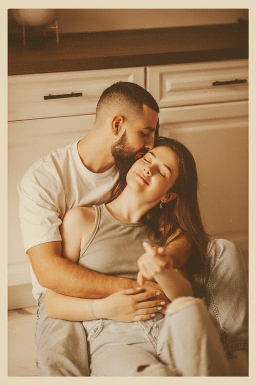 a couple on a picnic, 60s snapshot aesthetic, square crop, slight fade at edges, warm color bias, natural light, nostalgic feel.