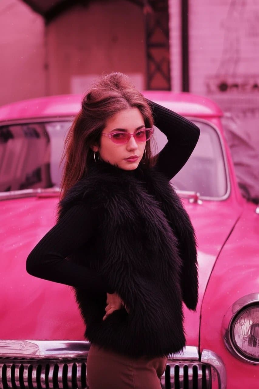 Photo edited with a McBling aesthetic featuring a pink fur-trimmed jacket and Y2K color palette.