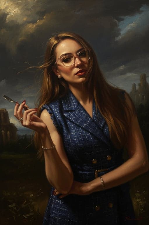 A dramatic portrait reimagined in the style of Baroque painting, with extreme contrasts between light and dark, dynamic composition, and a sense of movement.