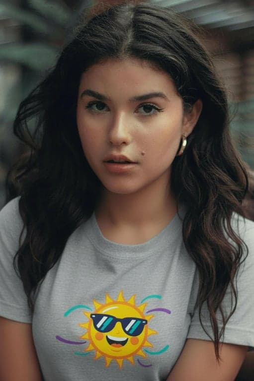 a portrait of a person transformed to wear a T-shirt with a custom fun logo, ensuring the logo is centered or intentionally placed, proportionally scaled, aligned with shirt seams, subtly distorted by fabric folds, and blended naturally with the original shirt material and lighting