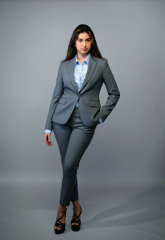 add suit to photo online free – after pic: woman wearing blue shirt and gray suit