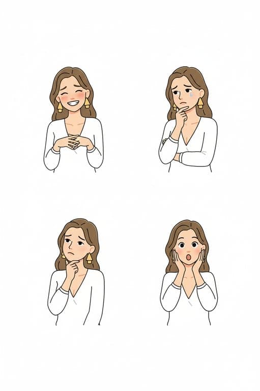 A clipart series showing the same person in different emotional states (happy, sad, thinking, surprised) using simple facial expressions and body language.