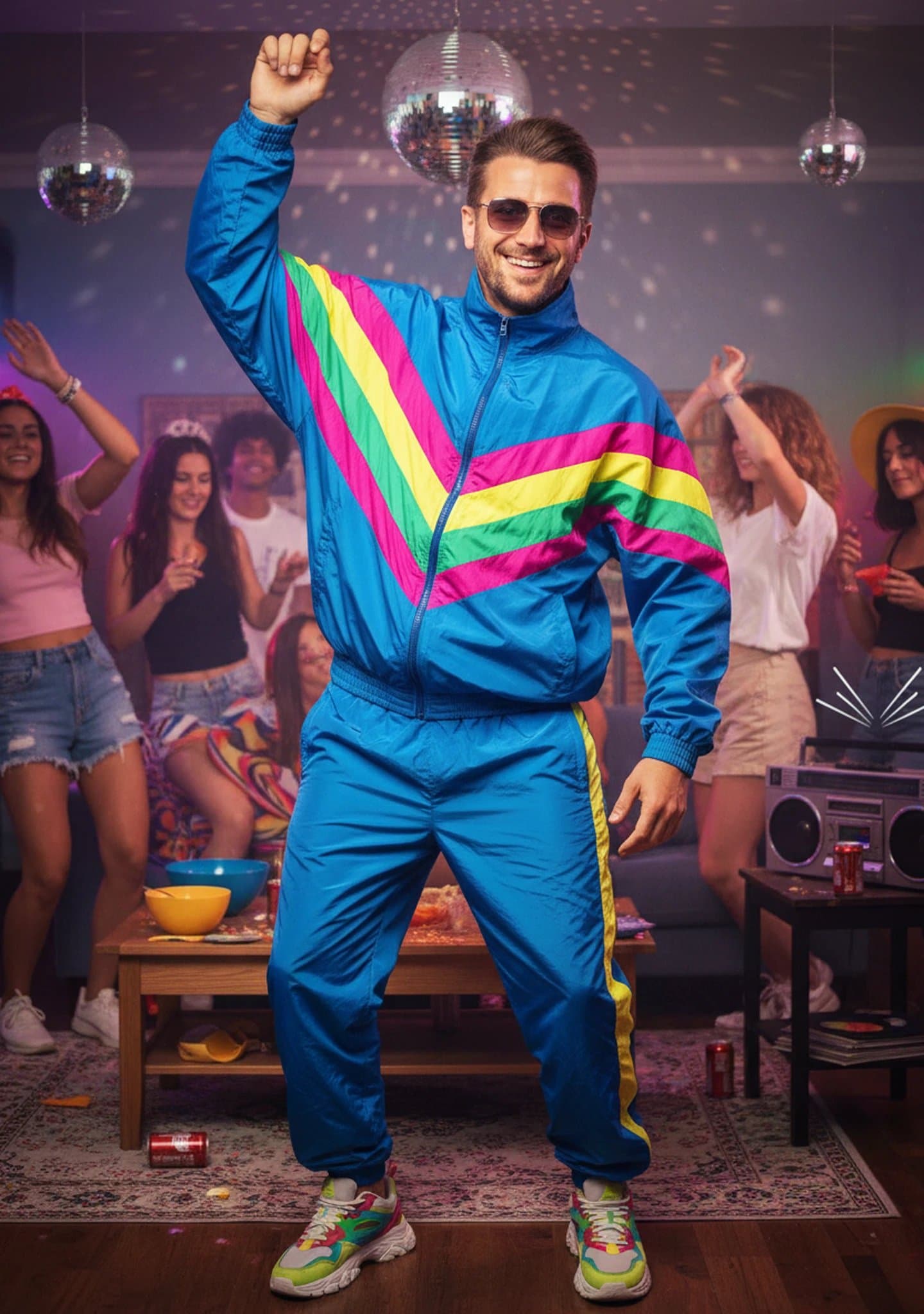 90s theme party clothes filter after transformation - portrait in oversized 90s tracksuit with lively indoor party mood