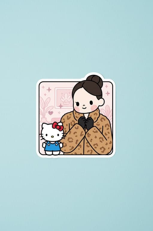 Convert the original person into a human-style Hello Kitty world sticker while preserving hairstyle and pose. Simplify facial features, exaggerate proportions, and place Hello Kitty next to the character within the same sticker frame so the shared Hello Kitty universe is immediately recognizable.