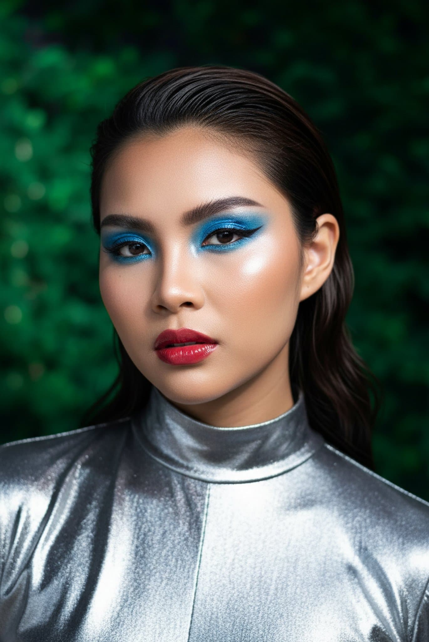 Metallic top, bold blue eyeshadow, glossy red lips, sleek hairstyle, green background.