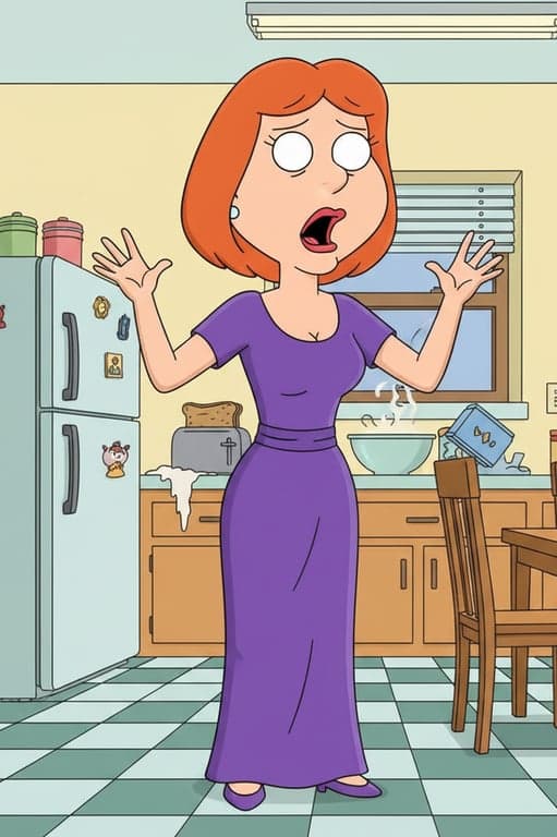 A new female character designed in the Lois Griffin style, with red hair in a specific cut, a purple dress, and exaggerated hand gestures, in the kitchen setting.