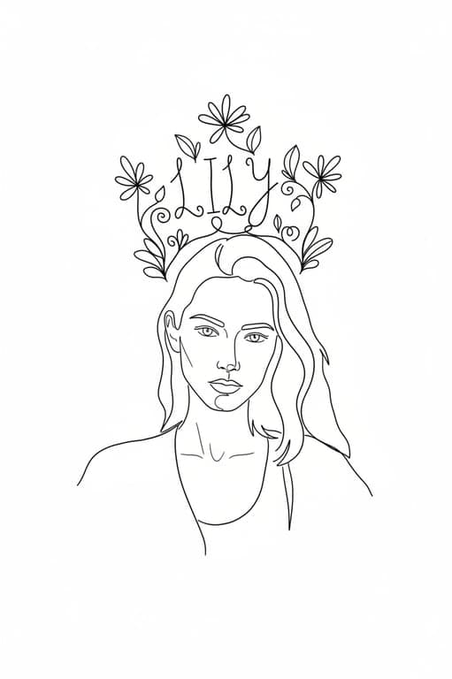A simple line-art portrait of a woman, with her name "LILY" doodled in a flowing, whimsical font that curves around her head like a vine or a crown of flowers.