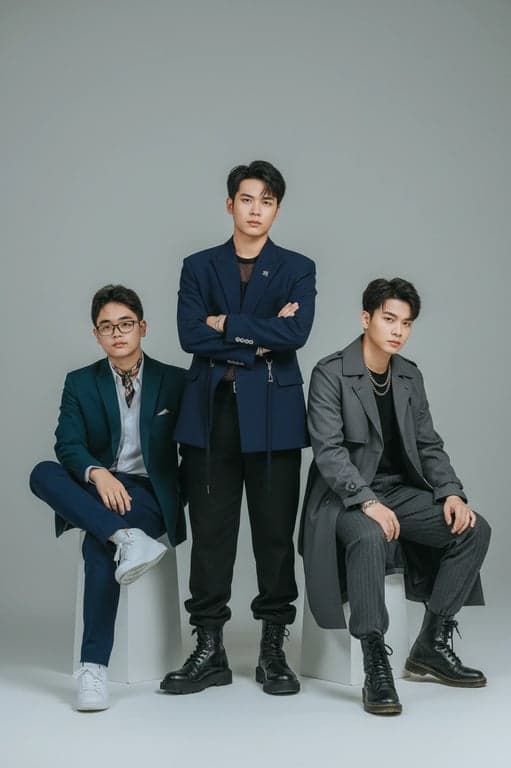 a portrait of a group styled as a K-pop boy group editorial shoot, wearing fashion-forward tailored outfits, clean silhouettes, layered garments, refined fabric textures, intentional styling differences between members, composed poses, controlled studio lighting, and a clean editorial background