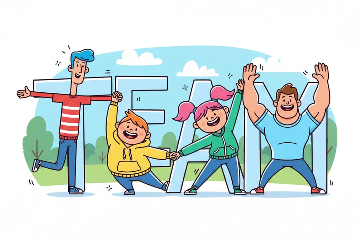 The word "TEAM" is formed by four stylized cartoon figures, each posing to create one letter (e.g., one person stretching arms to make a 'T'), all connected and smiling.