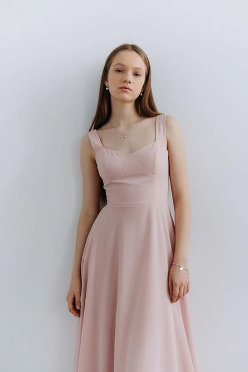 AI dress filter after transformation - full body photo with pink elegant dress