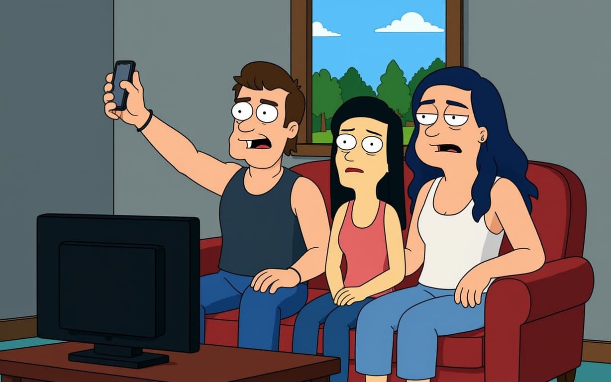 Stewie and Brian characters (or style analogs) sitting on the couch watching TV, with the classic simplistic furniture and window view of Quahog.