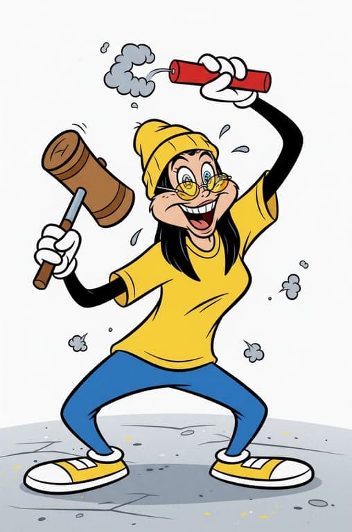 a portrait of a person illustrated in a Looney Tunes-inspired animation style, focusing on exaggerated theatrical expressions, strong character acting, simplified but dynamic anatomy, bold contours, bright saturated colors, smooth vintage shading, and a humorous slapstick cartoon mood.