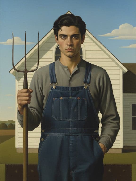 a portrait of a person transformed into an American Gothic–style painting with rigid posture, serious expression, muted earthy tones, flat lighting, and strong compositional order