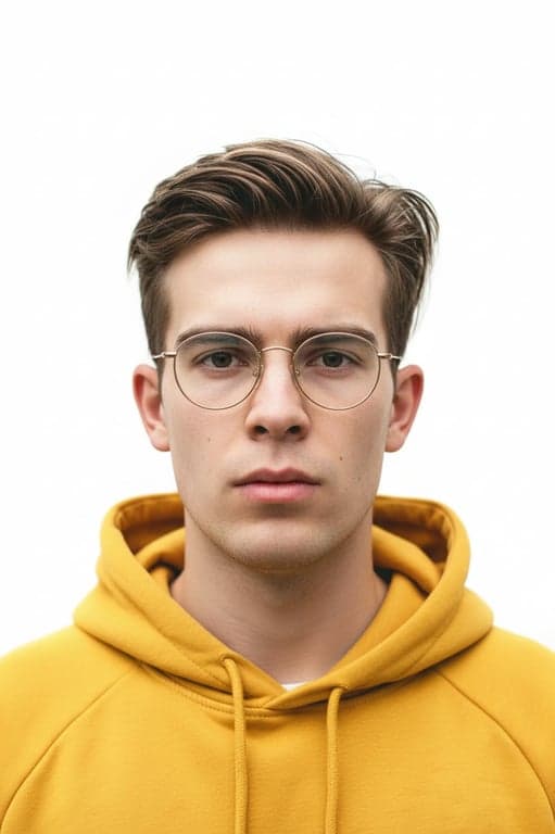 A compliant AI-generated passport photo of a man, shoulders squared, ears visible, neutral mouth expression, even illumination with no shadows, white background.