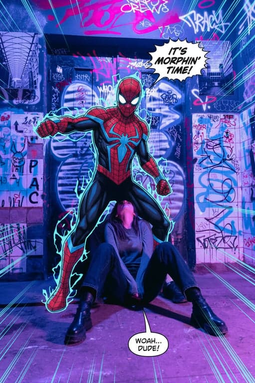 a portrait of a person converted into a spider hero visual, combining suit transformation, dynamic pose, and comic-inspired atmosphere without realistic photographic constraints