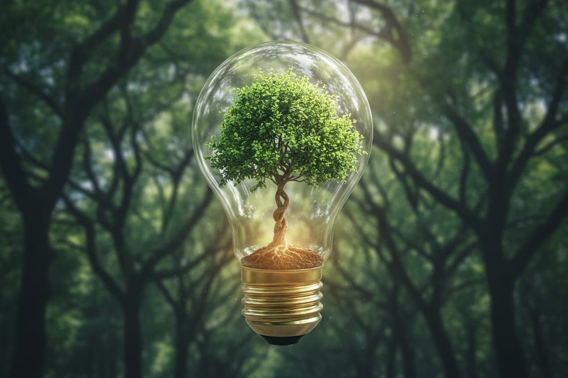 A creative blend of a light bulb and a growing tree inside it, symbolizing ideas and growth, with roots and branches extending from the bulb's filament.