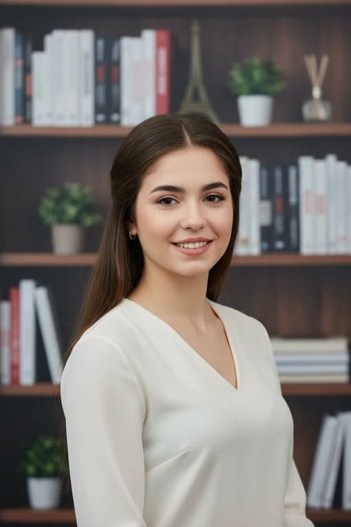 A modern resume photo of a woman, friendly and engaging expression, professional retouching that preserves character, soft lighting, virtual office bookshelf background.