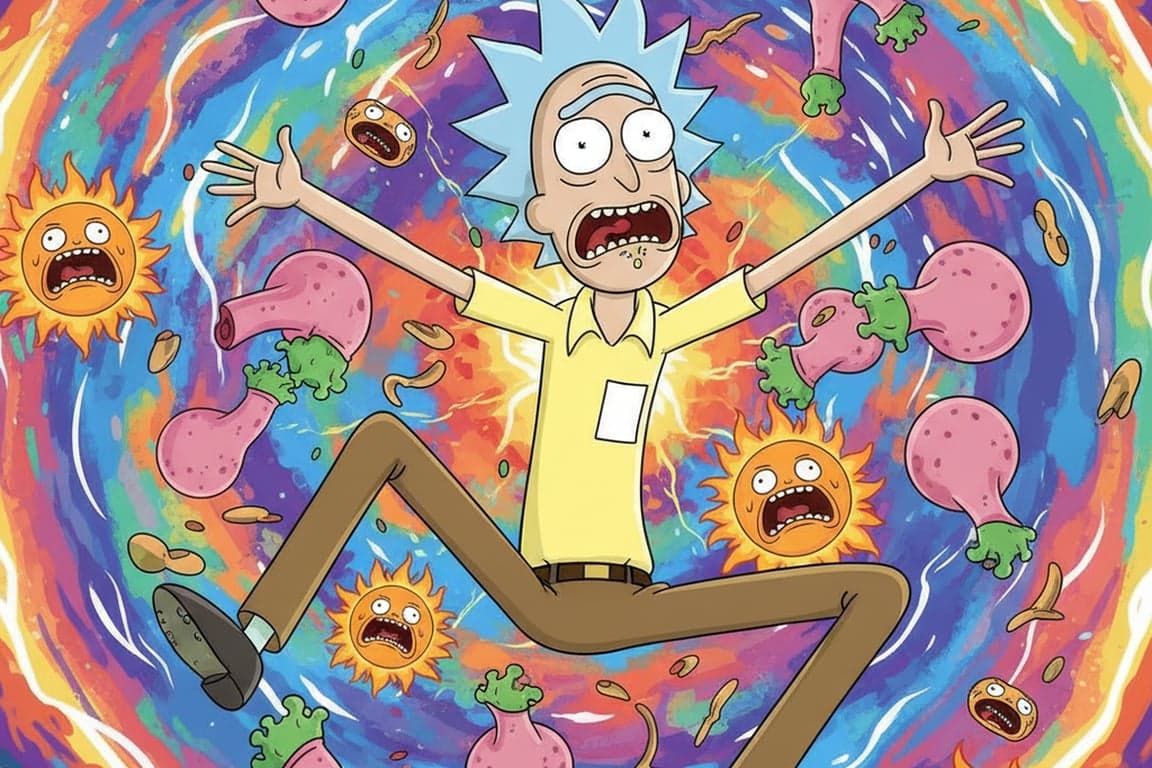 A scene of Jerry Smith comically falling through a multi-colored interdimensional portal, surrounded by floating plumbuses and screaming suns, his body and face stretched in panic.