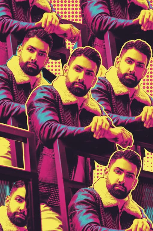 a portrait of a man stylized as pop art, bold flat colors (magenta, cyan, yellow), black outlined features, halftone dot background, repetitive pattern effect.