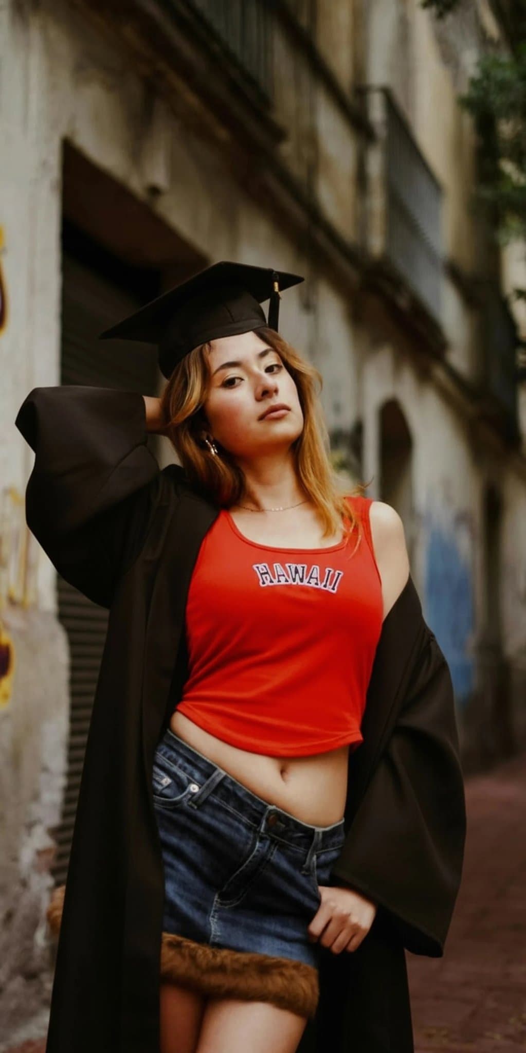 AI graduation photo filter after transformation - influencer photo enhanced with professional grad look