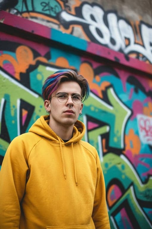 A close-up portrait of a young man with distinctive features (piercings, colorful hair, unique style), against a vibrant graffiti wall, embodying urban youth culture.