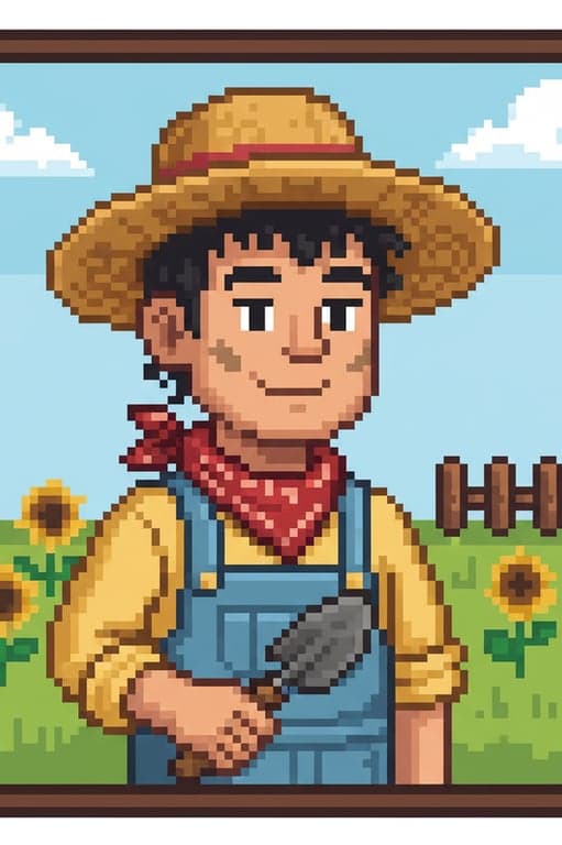 a pixel art portrait of a friendly farmer character, stardew valley style, 16-bit aesthetic, simple expression, front-facing view.