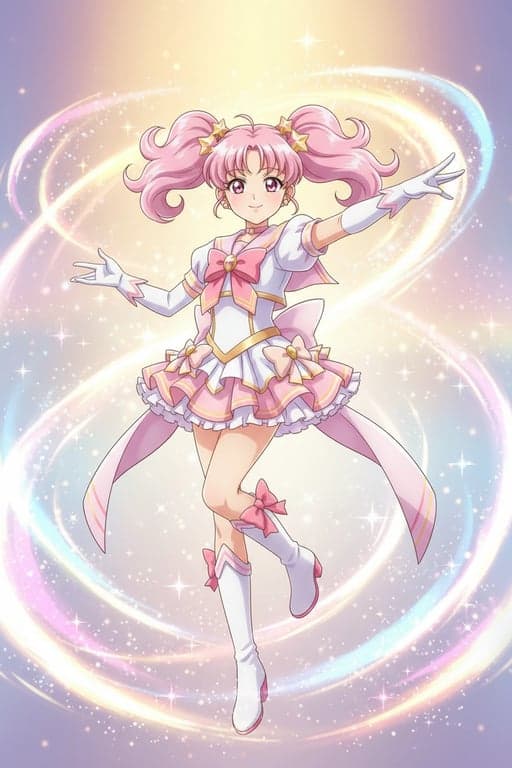 a portrait of a person edited to show a magical girl transformation pose, dressed in a polished anime costume with sailor-style collar, layered skirt, ribbon accents, gloves, boots, surrounded by sparkles and pastel gradients