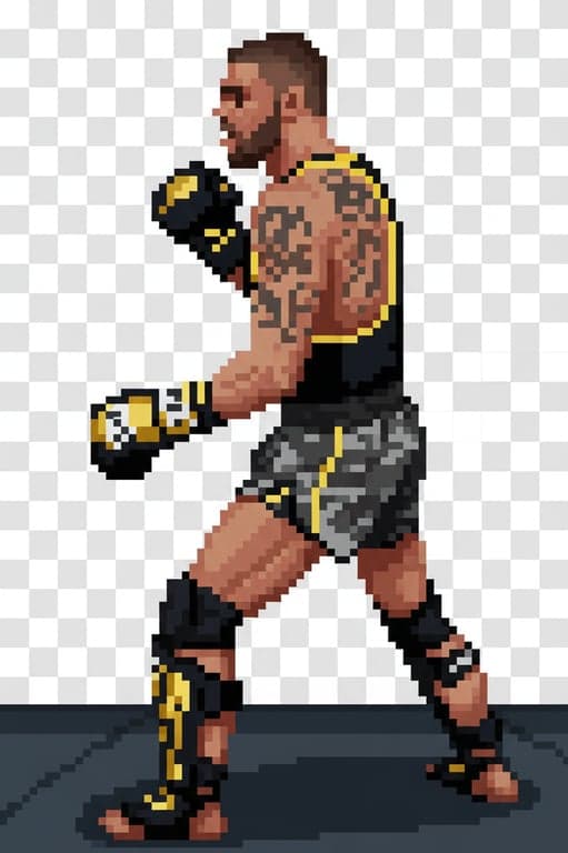 render the character as a retro arcade-style pixel sprite. use bold pixel blocks, limited high-contrast color palette, no shading gradients, strong silhouette, exaggerated but simple proportions, strict pixel alignment, classic 8-bit to 16-bit arcade game aesthetic