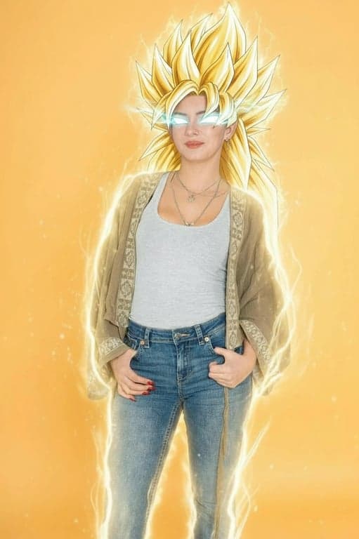 a portrait of a person transformed into a Super Saiyan, with spiky golden hair standing up, glowing blue-green eyes, and a powerful golden energy aura