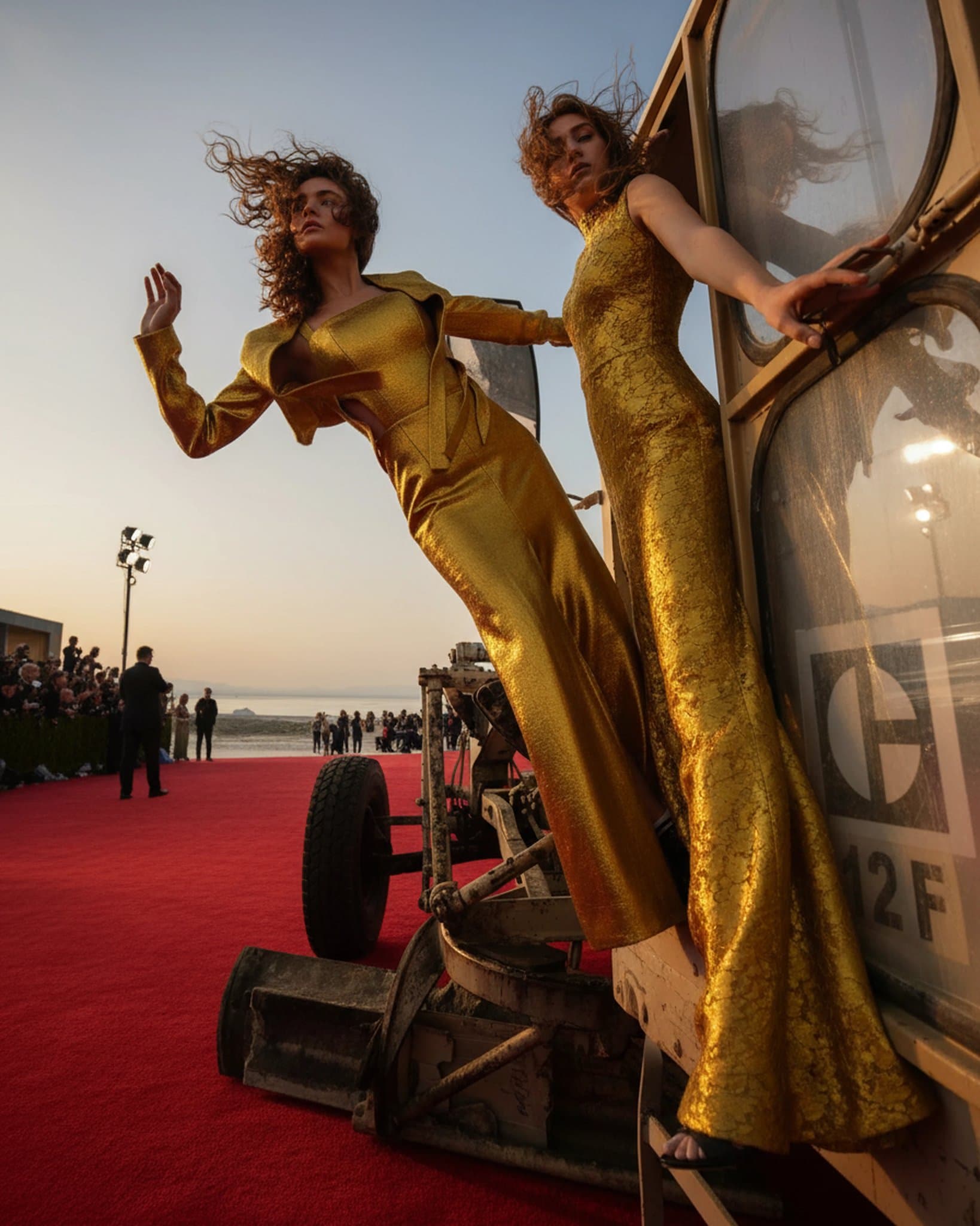 Virtual try-on of a gold metallic A-line dress creating a glamorous red carpet look for prom night.