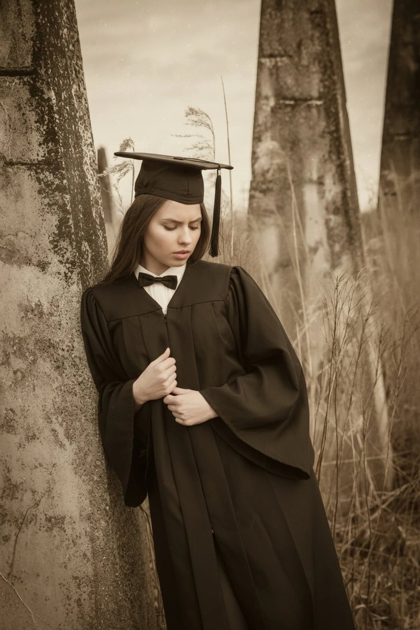 AI graduation photo filter after transformation - fashion portrait transformed into graduation studio shot