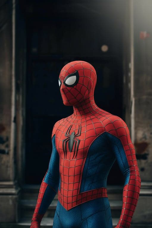 a portrait of a person transformed into a classic spider hero, wearing a red-and-blue spider suit with web patterns and chest emblem, full mask with expressive white eye lenses, dynamic upright pose, clean comic-style lighting, and a heroic confident mood