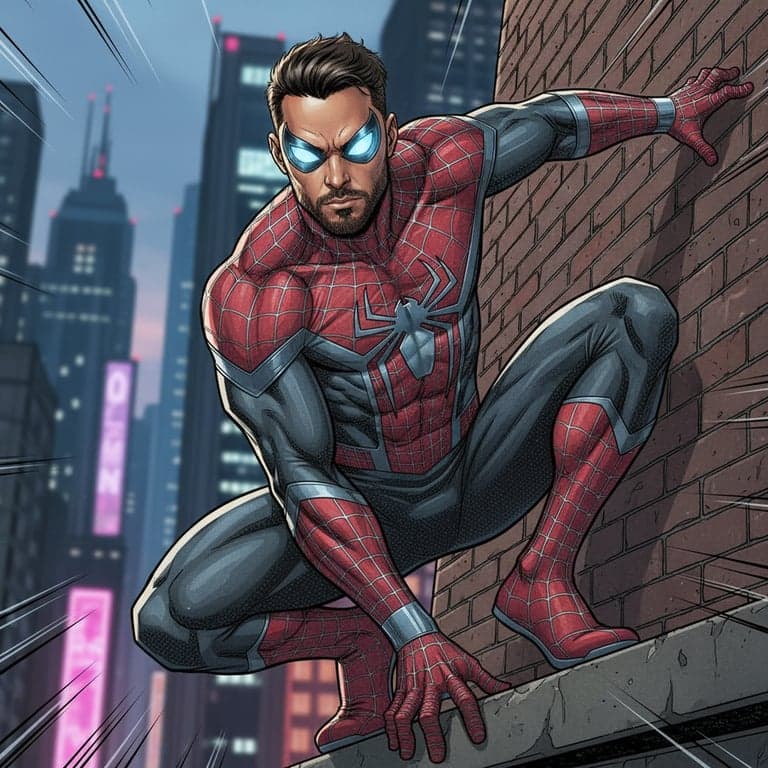a portrait of a person transformed into an urban spider hero, wearing a textured spider suit, positioned in a wall-crawling or crouching pose against a city building background, strong directional lighting, dynamic perspective, and energetic comic-book atmosphere