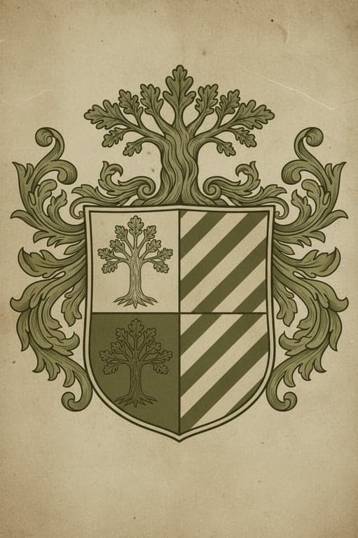 Create a serene and dignified crest inspired by the cool, composed blue and grey tones of the portrait. Use a stylized, protective swan as the central charge on a shield with a calm, wavy division.