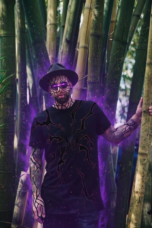 a portrait of a person in a cursed seal transformation, with dark markings spreading across the skin and a powerful aura