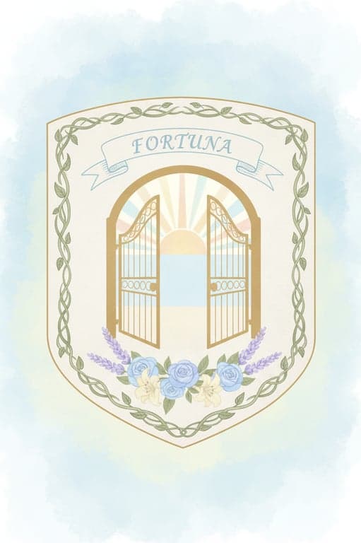 Generate a hopeful, forward-looking crest inspired by the bright morning light and soft pastel colors of the family breakfast photo. Use a rising sun and an open gate as central symbols on a fresh, light-colored shield.