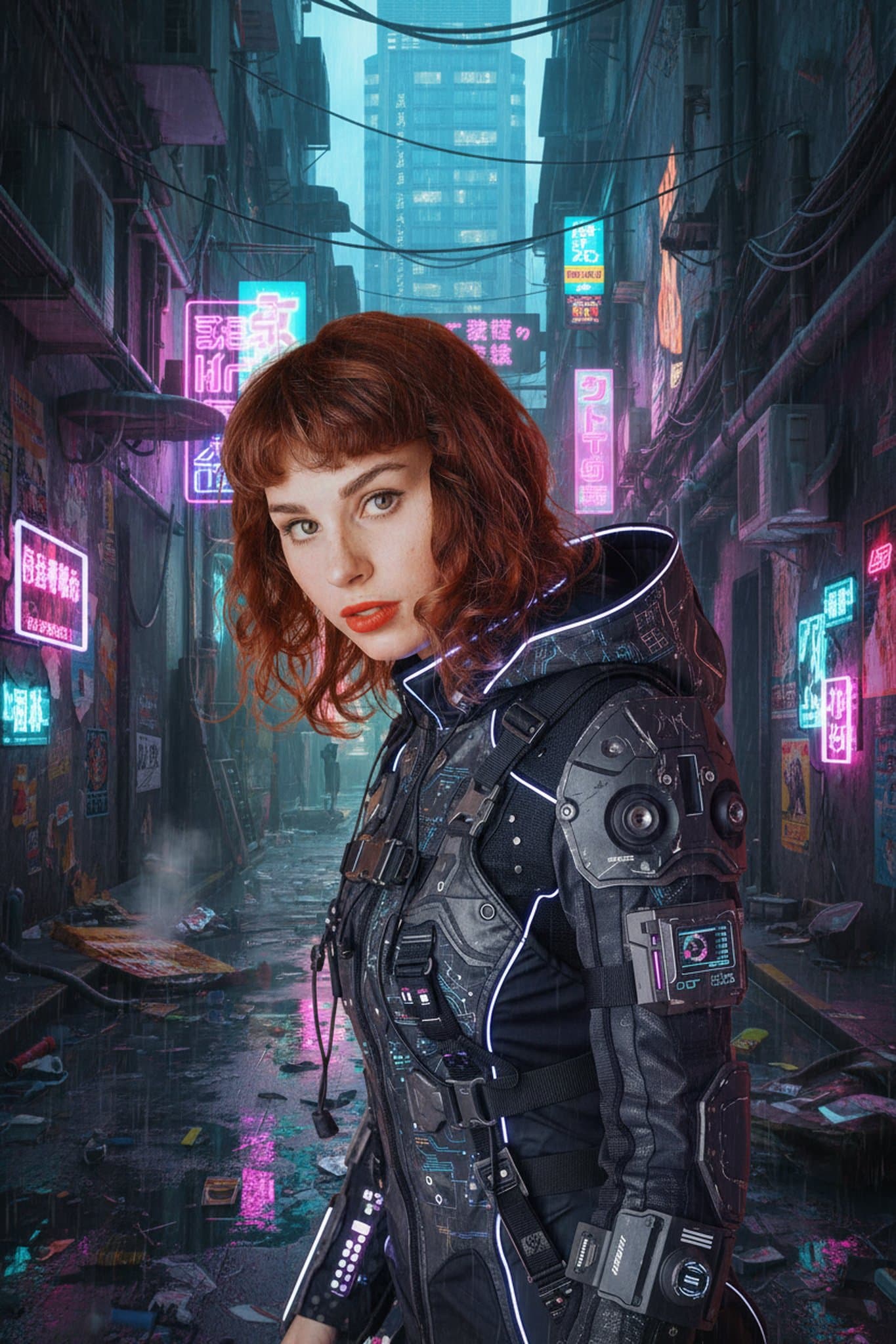 Rain soaked neon alley framing a tactical cyber suit outlined with glowing circuitry.