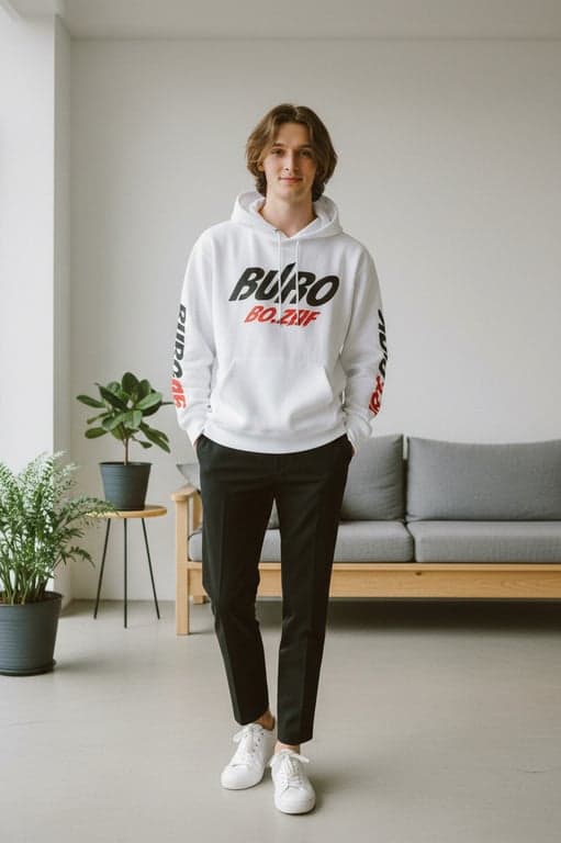 a portrait of a man transformed into a coordinated casual outfit with logo hoodie and tailored pants, in a minimalist living room setting