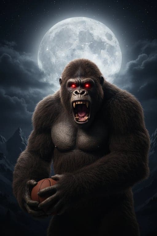 a portrait of a person transformed into a massive Great Ape, with fur, red glowing eyes, and a roaring expression under a full moon