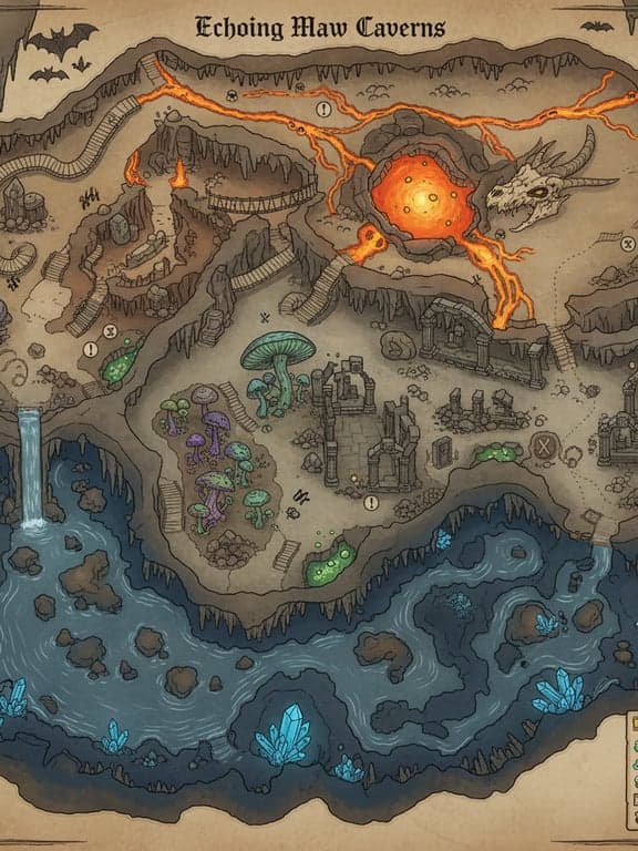 a wilderness map with varied terrain density, natural chokepoints, hidden locations, and travel paths designed for exploration and encounter planning