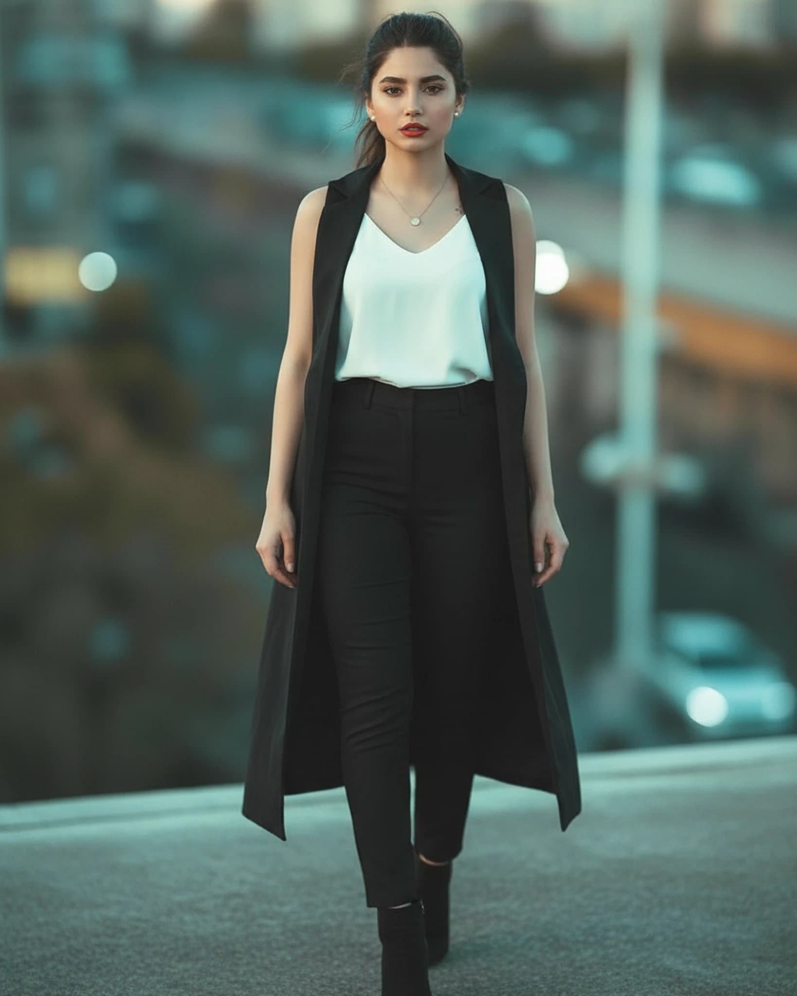 Chic Style filter after transformation - portrait in monochrome chic outfit standing in a minimalist hallway