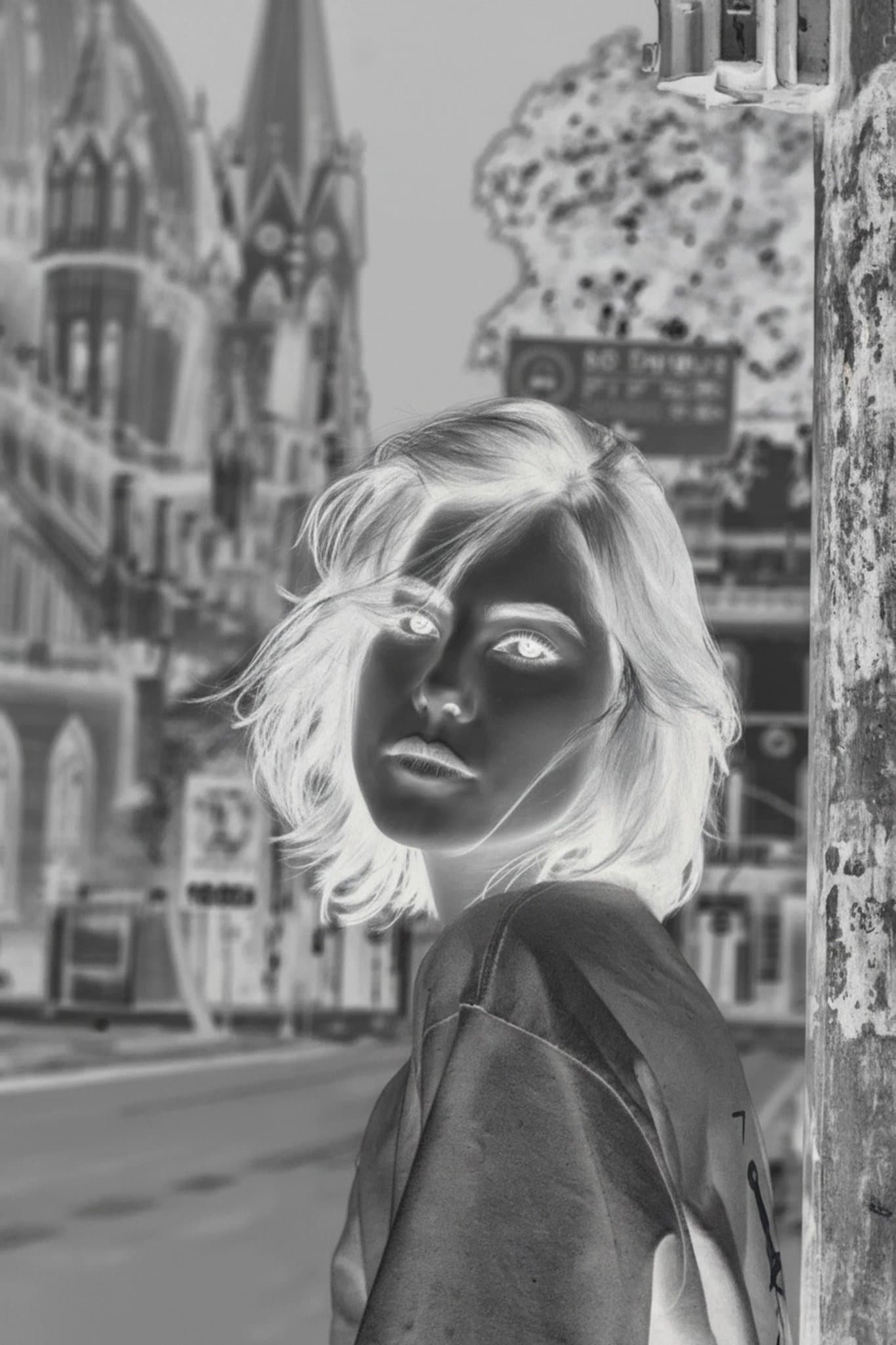 AI negative image filter after transformation - portrait rendered with full color inversion effect