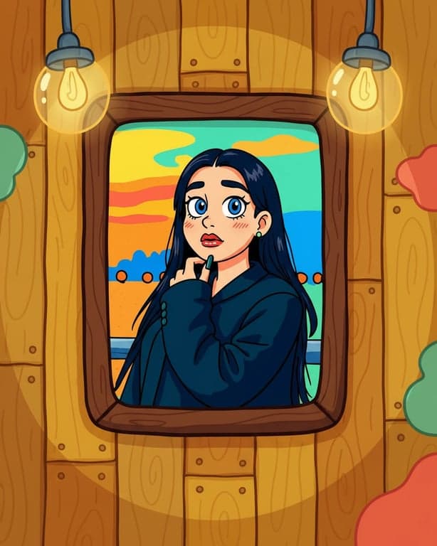 Place the portrait into a warm, cozy cartoon interior inspired by SpongeBob’s wooden interiors such as the Krusty Krab or Bikini Bottom homes. Keep facial features intact but render them in SpongeBob’s rounded cartoon style. Use warm, cheerful lighting with golden-yellow tones, simulating simple cartoon interior lamps rather than realistic light sources. Colors should feel warm and slightly desaturated: mustard yellow, sandy brown, soft coral, and seafoam accents. Shadows are soft, rounded, and amber-tinted with no sharp edges. Background elements should be minimal and cartoony: wooden planks, a simple frame, or bubble-shaped decor. Mood: cozy, friendly, nostalgic, and distinctly SpongeBob.